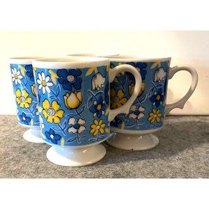 Set of 4 Vintage Blue/Yellow Floral Mugs with Pedestal Bottom 3.75" Tall # 2593